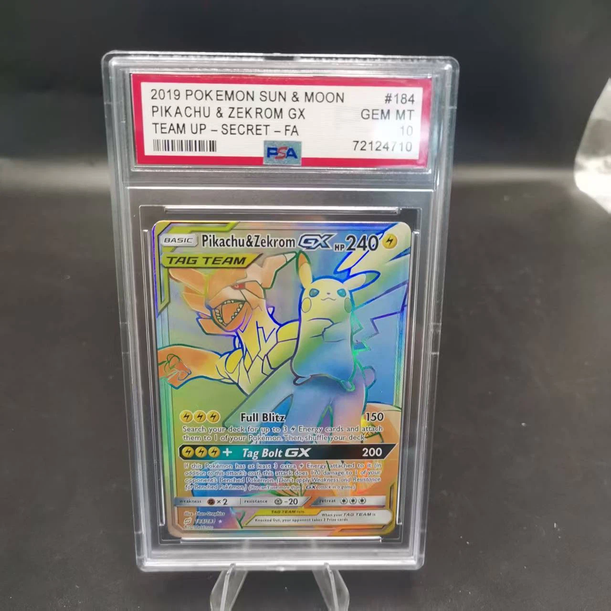 PSA 10 Pikachu & Zekrom GX #184 Full Art Secret Rare Pokemon Team Up Graded Card